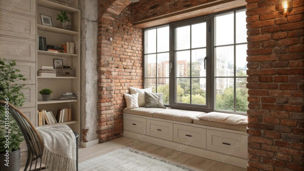 Poster a cozy nook with a large window framed by raw exposed brick accented by soft neutralcolored furnishi