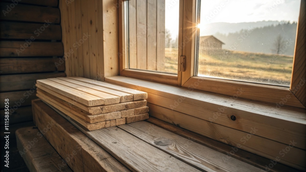 Poster a cozy nook displaying a few sanded wooden planks stacked by a brightly lit window inviting natural 