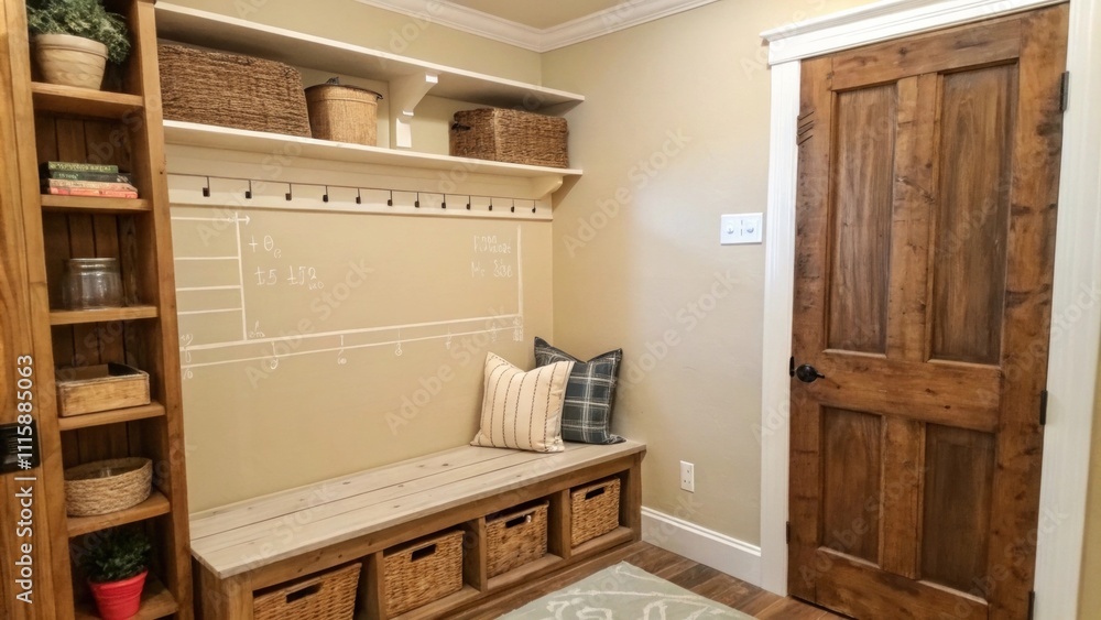 Poster a cozy nook with a light beige wall that has been lightly sanded prepared for rustic wooden shelving