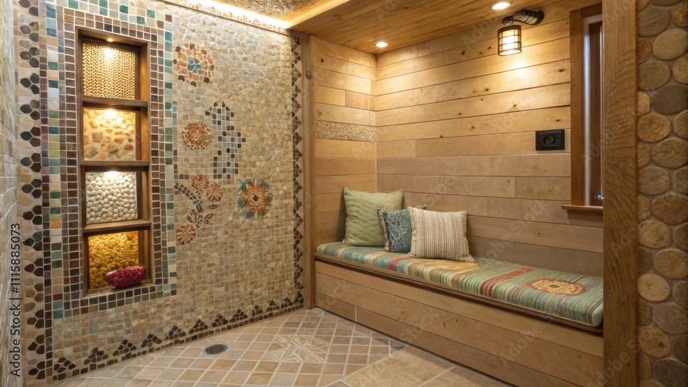 Poster a cozy nook with a tiled wall made of small mosaic tiles some sections fully grouted while others re