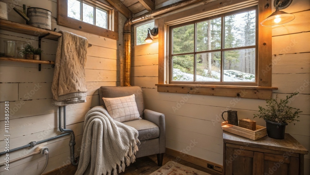 Poster a cozy nook corner featuring a small window that lets in shards of natural light revealing exposed p