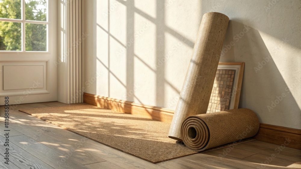 Poster a cozy corner of a sunlit apartment features a cork flooring roll leaning on a wall casting a gentle