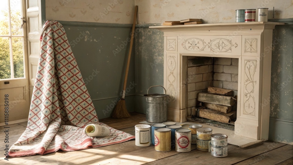 Poster a cozy corner showcasing a mantel adorned with tools and cans of paint surrounded by patterned drop 