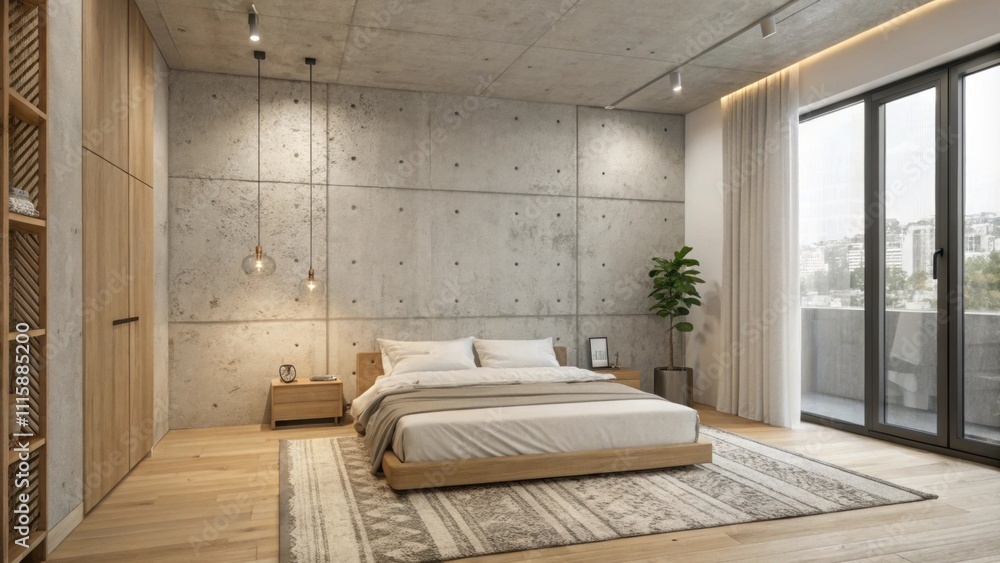 Poster a cozy bedroom with an exposed concrete wall that contrasts with light wood flooring. the space feat