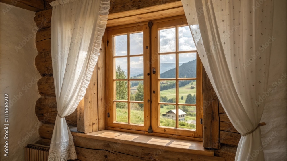 Poster a cozy room showcasing a window with rustic wooden trim stained a warm honey color framed by white c