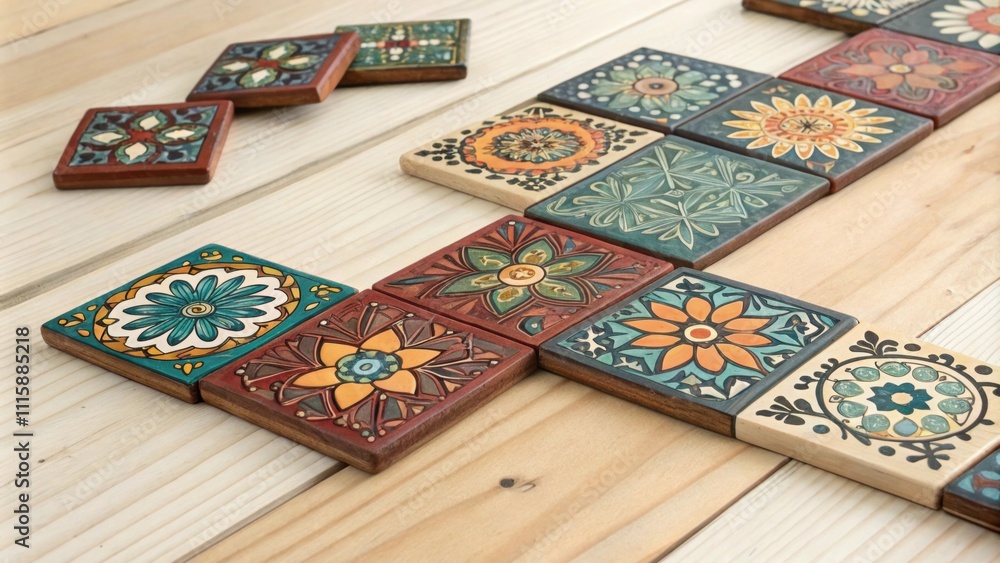 Poster a creatively organized selection of decorative tiles each displaying intricate designs laid out on a