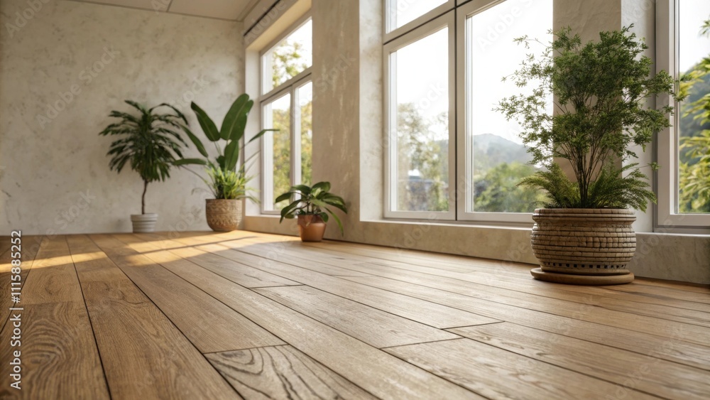 Poster a corner view of a room with natural wood planks laid out on a base accentuated by potted plants in 