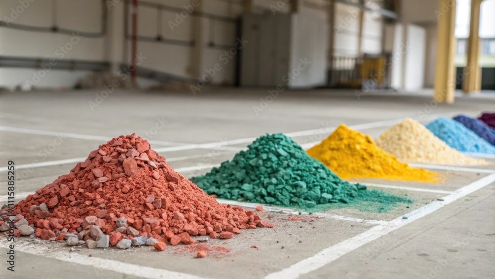 Poster a corner vignette showcasing piles of colorful stone chips ready for mixing contrasted against the s