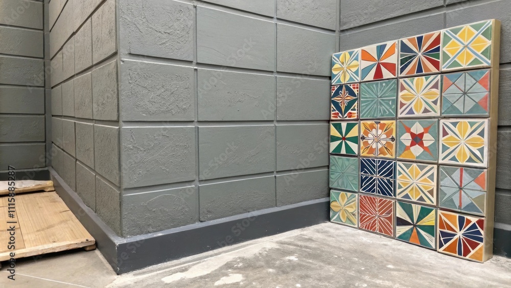 Poster a corner wall prepped with thick grey adhesive accented by a vibrant array of ceramic tiles stacked 