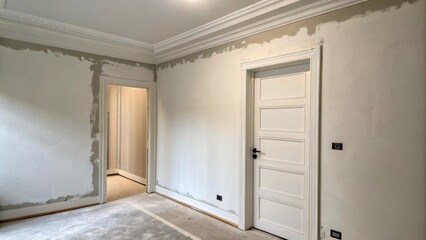 A corner of the room showing a freshly primed wall adjacent to a partially painted doorframe creating a sense of ongoing transformation.