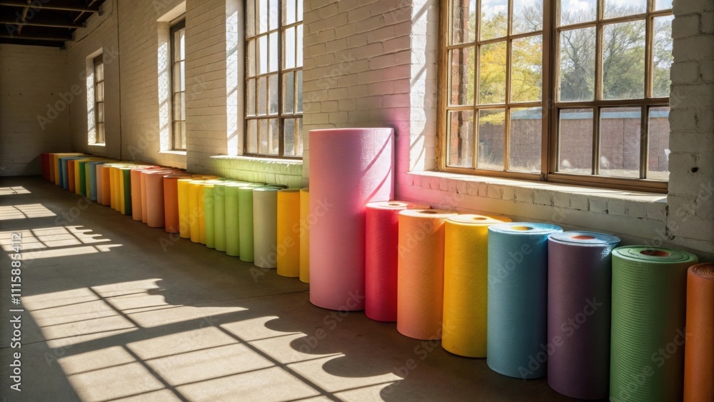 Poster A corner filled with colorful insulation rolls casting playful shadows on the floor as sunlight streams through a nearby window.