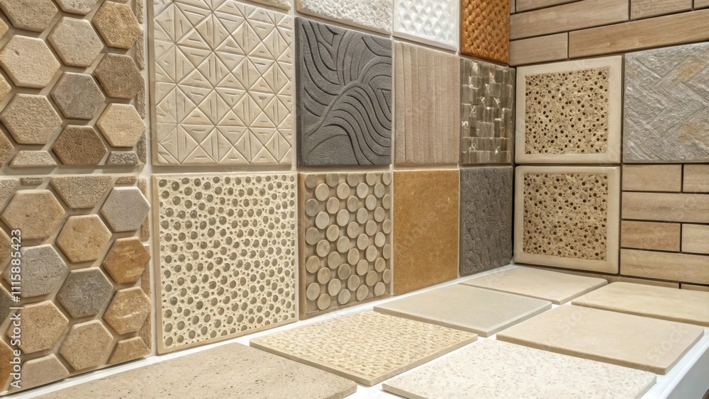 Poster a corner filled with a variety of textured tiles featuring a mix of smooth rough and porous surfaces