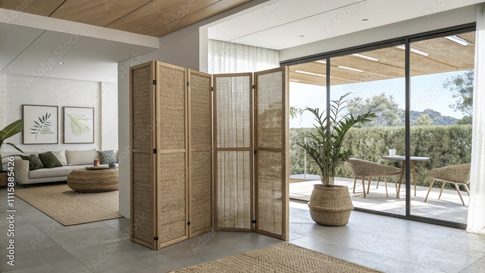 Poster A contemporary space showcasing a room divider made of woven natural fibers with the lower section completed and the upper section in progress.
