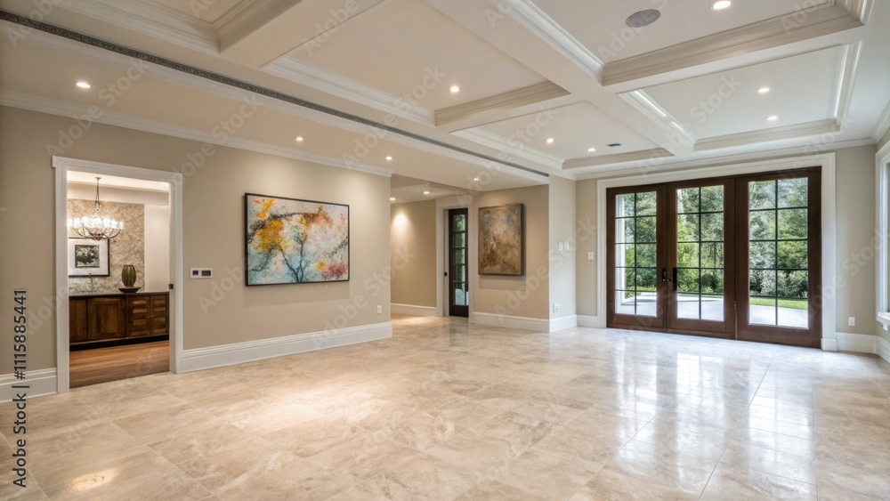 Poster a contemporary room focused on a clean newly installed subfloor showcasing a neutral palette with un