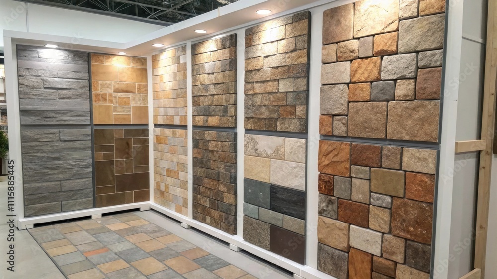 Poster a corner display of rustic stone wall tiles featuring earthy hues and varied textures creating a nat