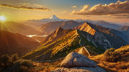 Naklejka premium A Panoramic view of a Picturesque Mountain range landscape during sunrise.