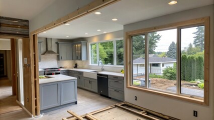 Obraz premium A contemporary kitchen being renovated showcasing a new window frame with one side sealed and the other still waiting emphasizing the transformation taking place.