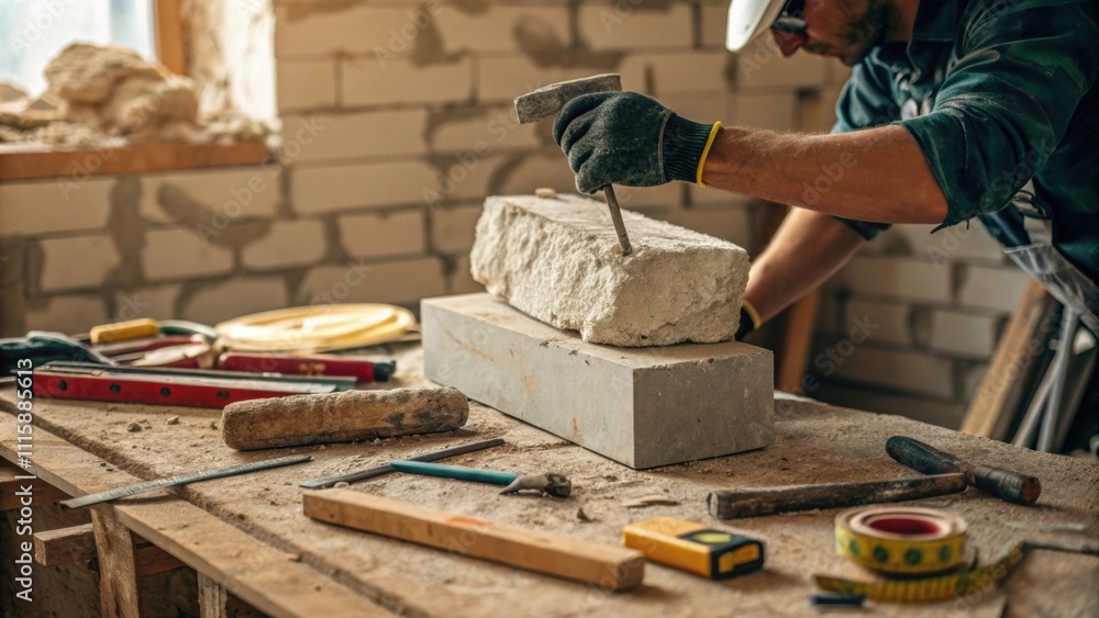 Poster a construction workers gloved hands lifting a heavy chunk of plaster with a backdrop of tools and re