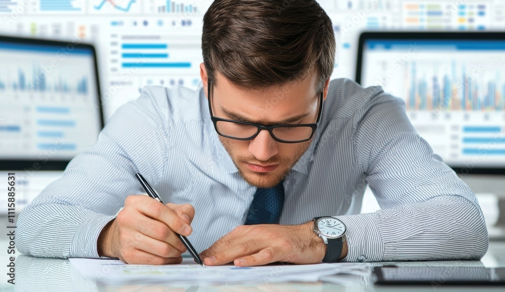 Poster focused businessman analyzing financial data with pen in hand in modern office environment amidst mu