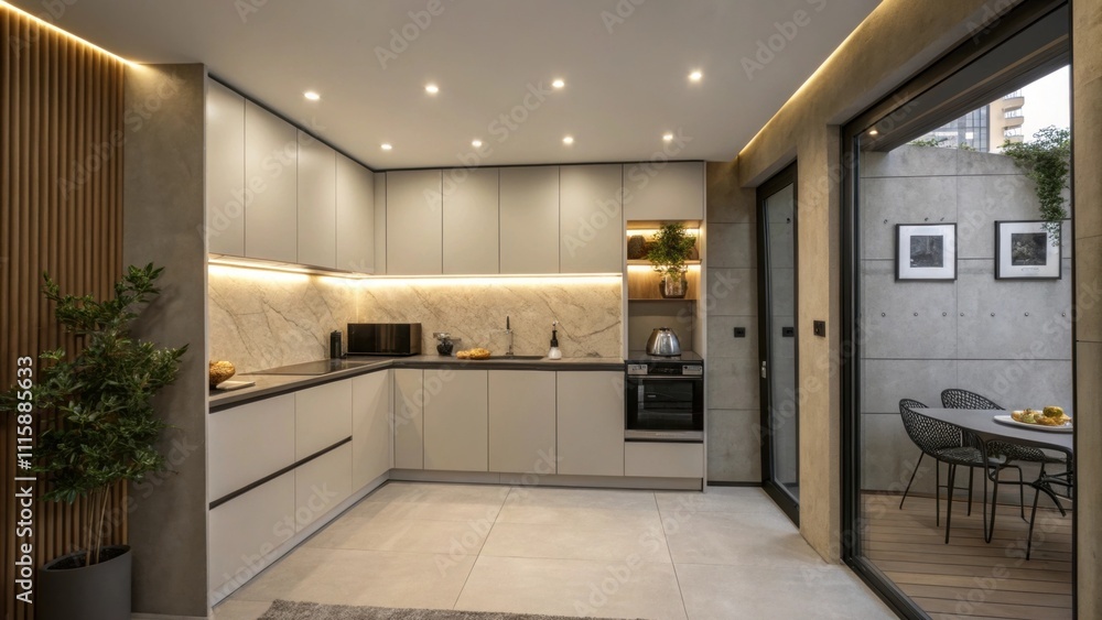 Poster A compact kitchen area with a wall highlighted by recessed lighting creating an illusion of space and emphasizing the contemporary design elements.