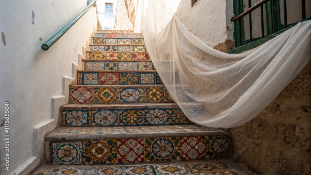Aufkleber A compact staircase with a mosaic of ceramic tiles protected by a layer of white lightweight cloth allowing glimpses of the colorful patterns beneath.
