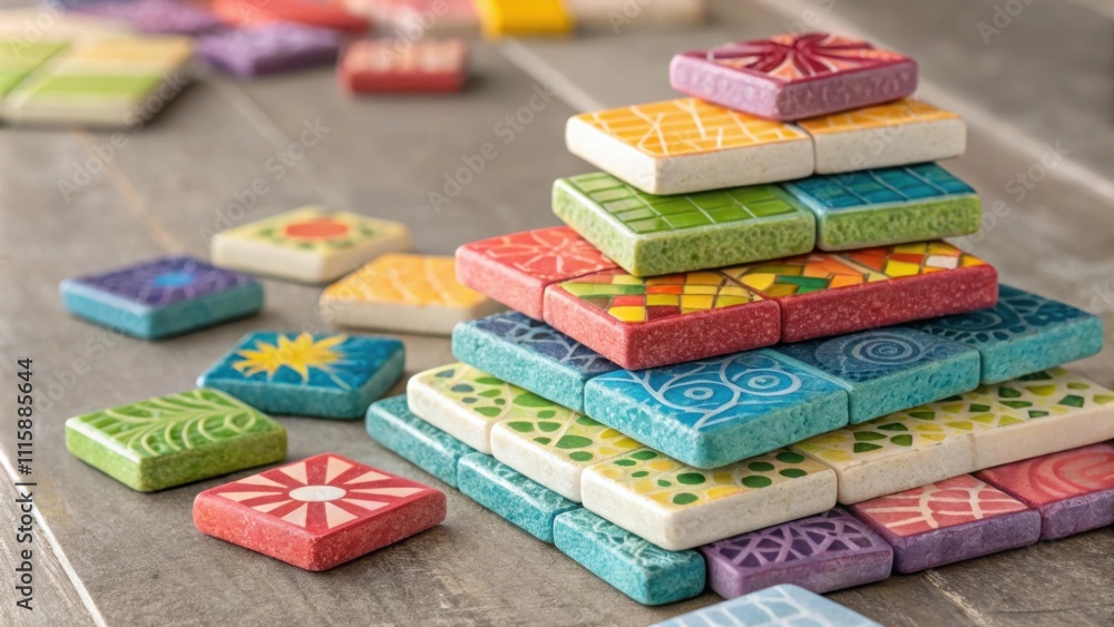 Aufkleber A colorful assortment of mosaic tiles stacked playfully on top of each other each piece boasting unique textures and vibrant hues adding a splash of creativity.