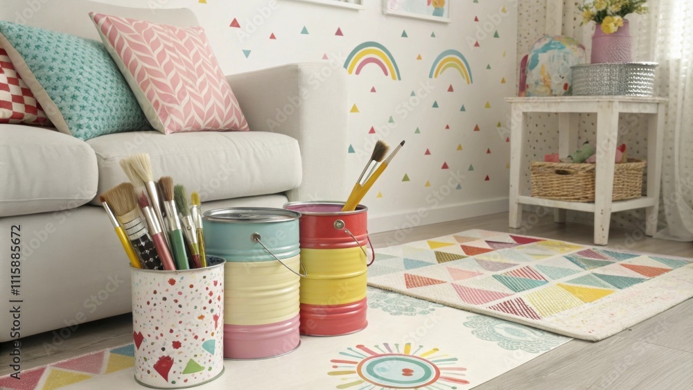 Poster a colorful and eclectic corner of a living space with paint cans leaning against the wall and paintb