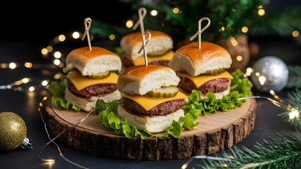Mini sliders with beef patties, cheese, and pickles, served on wooden board with sparkling lights and festive New Year decor