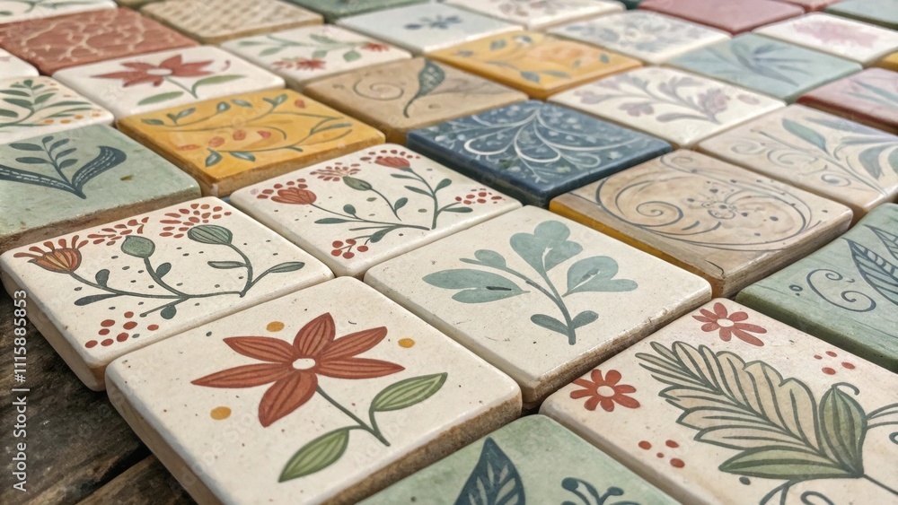 Poster A collection of handmade artisan tiles each with distinct paint strokes and uneven edges packed together in a charming heap showcasing individual craftsmanship.
