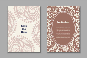 Two greeting cards templates set with paisley motifs. Wedding invitation with oriental decoration. Modern abstract stationary design.