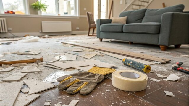 A cluttered scene of a living room under renovation where the floor is strewn with various sizes of drywall scraps accompanied by a dusty work glove and a roll of tape.