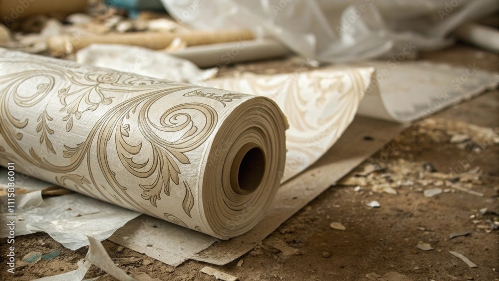 Leinwandbilder A closeup shot of a torn open roll of wallpaper with its intricate patterns now wrinkled and exposed resting amidst crinkled plastic sheets and errant tape.
