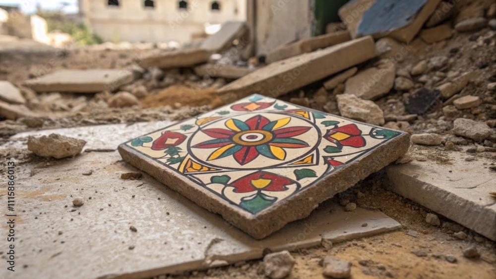 Poster a closeup shot of a broken tile featuring a vibrant mosaic design perched precariously on a heap of 