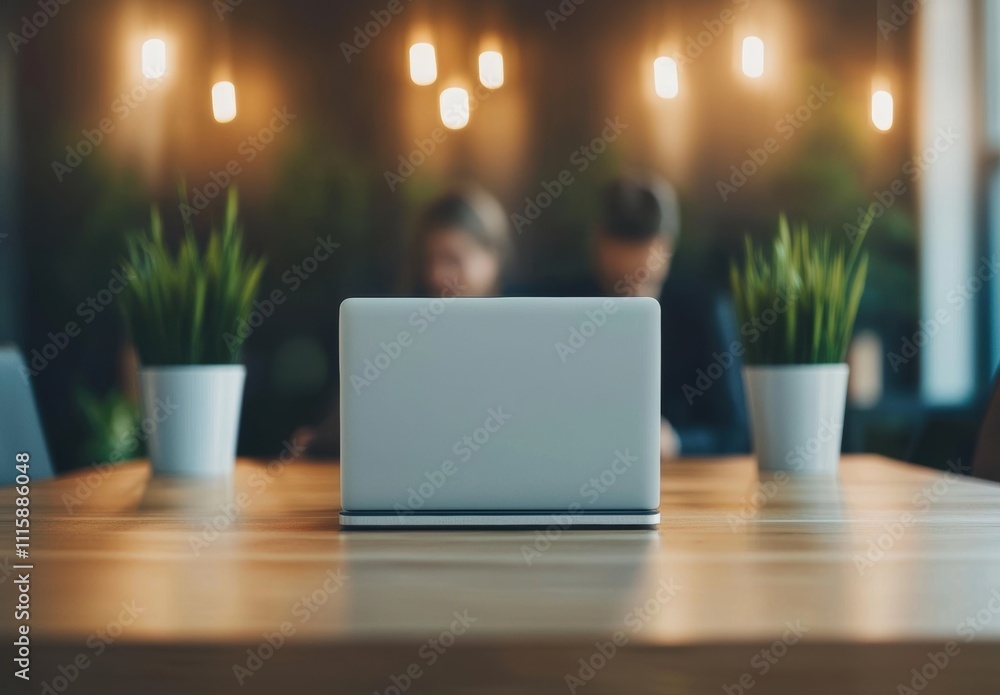 Aufkleber Modern Workspace Setup with Laptop on Table Surrounded by Potted Plants and Soft Ambient Lighting Creating a Productive Atmosphere for Team Collaboration