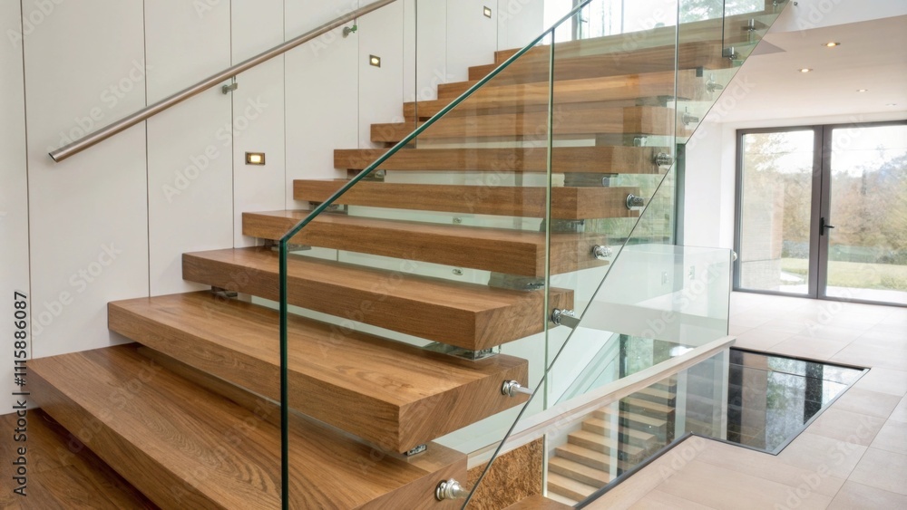 Poster A closeup of the floating staircase showcasing the smooth wooden treads and glass support creating a seamless transition between floors while maintaining an airy feel.