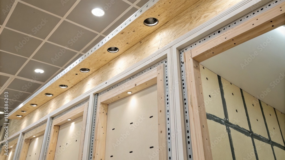 Aufkleber A closeup of a wall section showing a mix of framing and drywall with clearly defined outs for recessed lights set against tered installation parts.