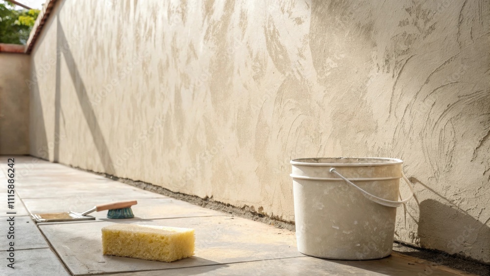 Poster A closeup of a freshly smoothed wall showcasing the subtle texture of the plaster with a small bucket of wet plaster and a sponge resting on the ground.
