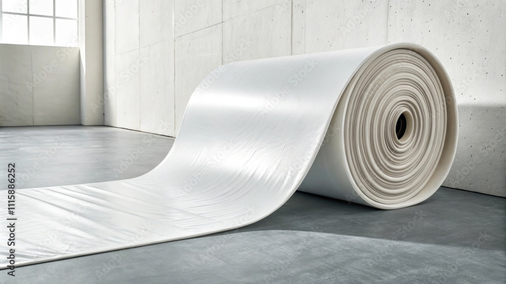 Poster A closeup of a roll of thick plastic sheeting p against a white wall with its end flared out revealing a pristine gray concrete floor beneath.