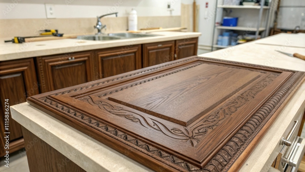 Poster A closeup of a cabinet door showing rich grain patterns rests on the countertop while a sink area is cleared out and awaiting installation.