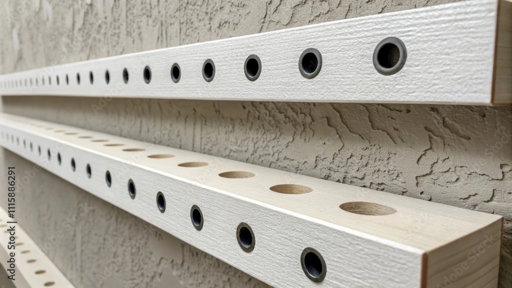 Poster a closeup image of drilled holes in a textured wall each hole ready to support a floating shelf symb