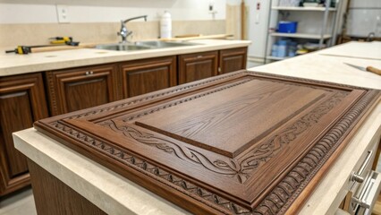 A closeup of a cabinet door showing rich grain patterns rests on the countertop while a sink area is cleared out and awaiting installation.