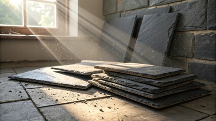 Obraz premium A closeup of a few chunky slate tiles dark and textured stacked haphazardly against a wall with dust motes floating in the sunlight that streams through a nearby window.