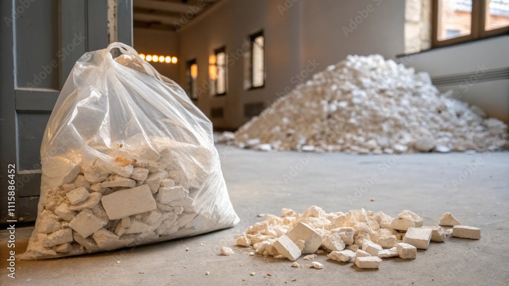 Poster a clear plastic bag filled with small bits of plaster resting next to a larger pile of larger fragme