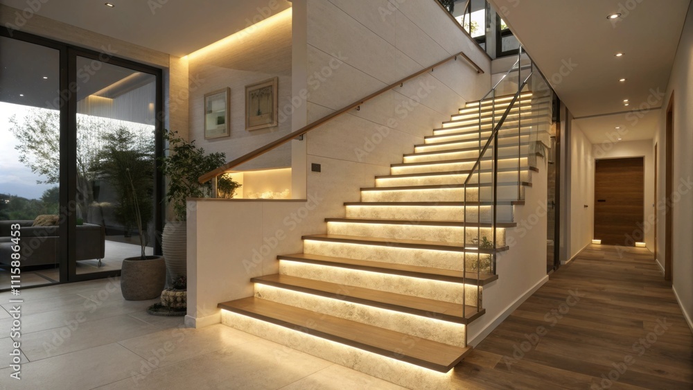 Aufkleber A cleverly designed staircase where each step is illuminated from below casting a warm glow and enhancing the modern feel of the apartment creating an inviting atmosphere.