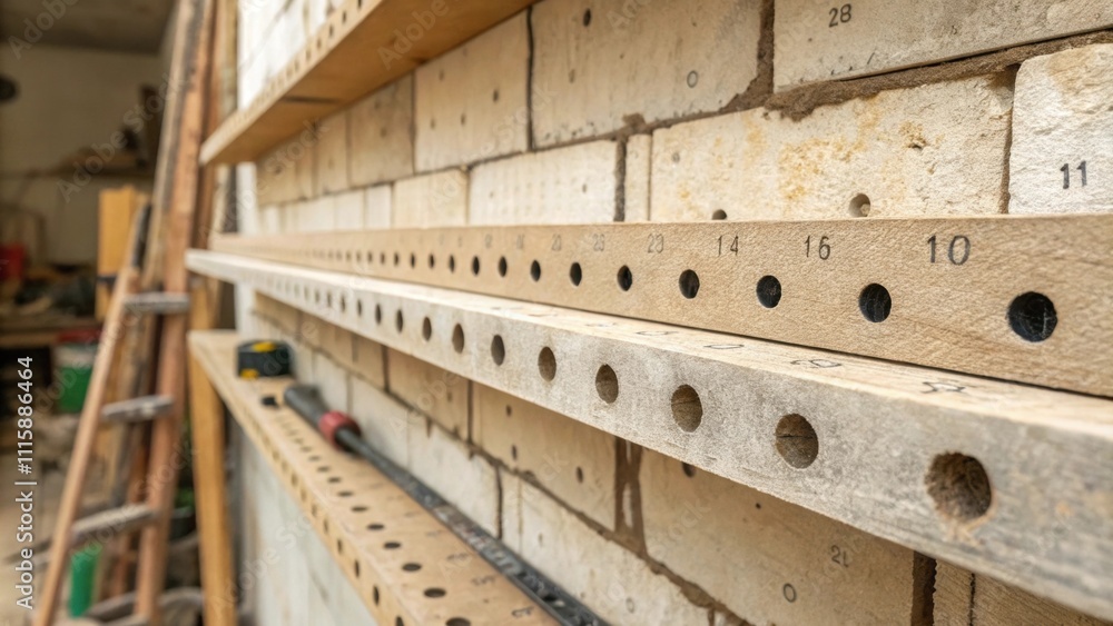 Aufkleber A closeup image capturing a wall with irregularly spaced holes each perfectly level suggesting an upcoming rustic shelf installation.