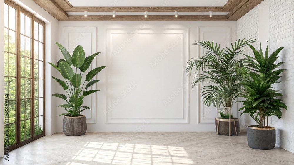 Poster a clean airy space with a blank wall flanked by large potted plants creating a juxtaposition between