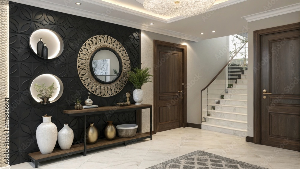 Poster a chic entrance area with a sleek black wall that has circular outs for floating shelves. the shelve