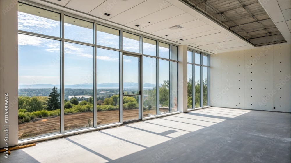 Poster A clean and airy room with expansive glass windows revealing an unobstructed view outside paired with raw unfinished drywall that provides a blank canvas for future decoration.