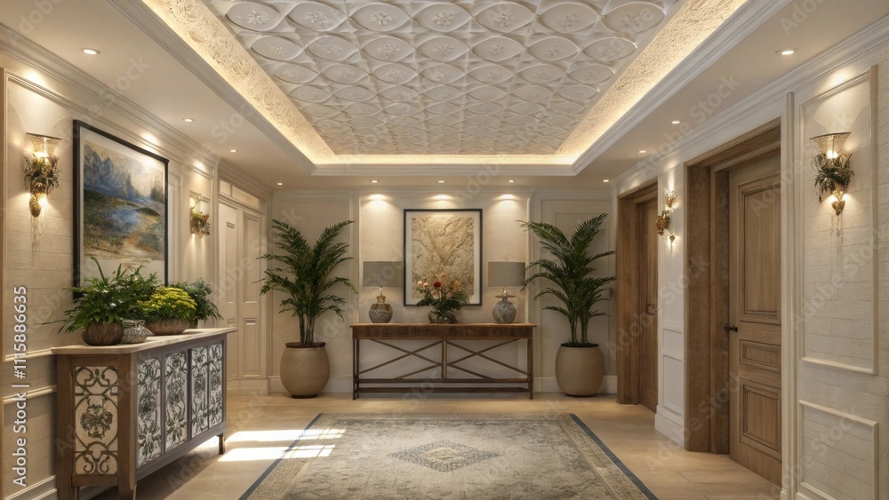 Poster A chic entryway featuring a textured ceiling with exposed track lighting highlighting a decorative console table adorned with plants and art pieces.