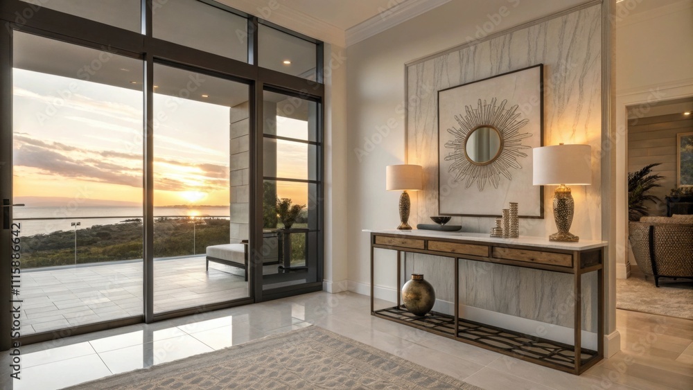 Poster a chic entryway boasting a floortoceiling window its protective film catching the soft glow of sunse